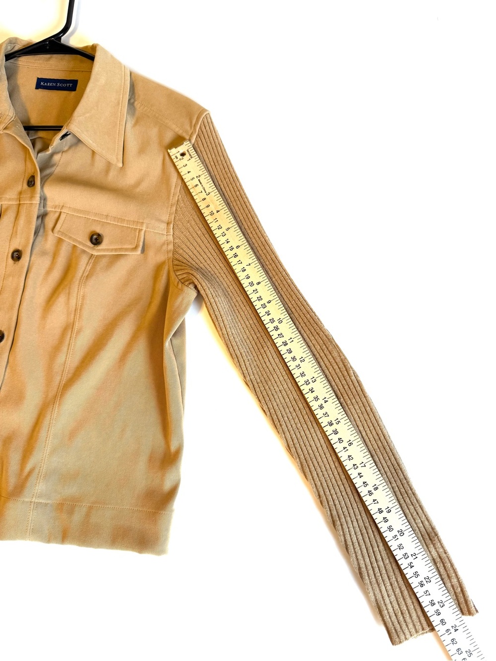 Karen Scott Mixed Media Faux Suede Camel Ribbed Knit Sleeve Shacket Jacket M - Picture 9 of 10